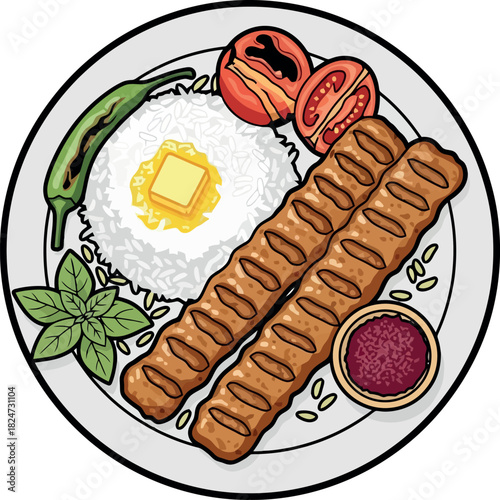 Delicious grilled kebabs served with rice tomatoes and a spicy sauce on a plate.