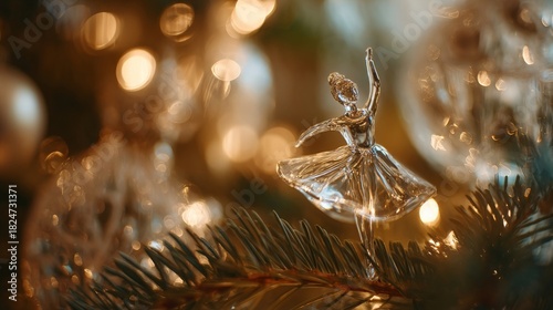 A close-up of a glass ballerina ornament on a fir branch, illuminated by warm soft lights with a cinematic bokeh background.