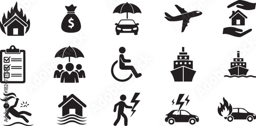 Collection of insurance icons for fire money car plane ship people disability and home