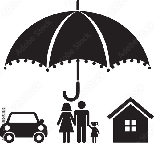 Black silhouette of an umbrella protecting a family, car, and house protection
