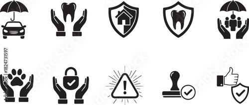 Collection of Insurance and Security Icons with Hands and Shields protection safety