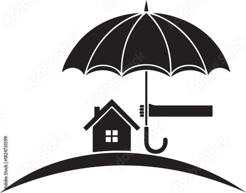 Hand holding an umbrella protecting a house on a curved surface protection home
