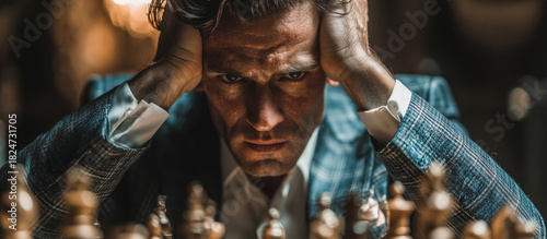 High-Pressure Leadership, Man Struggling to Make Critical Strategic Decision During Intense Chess Match