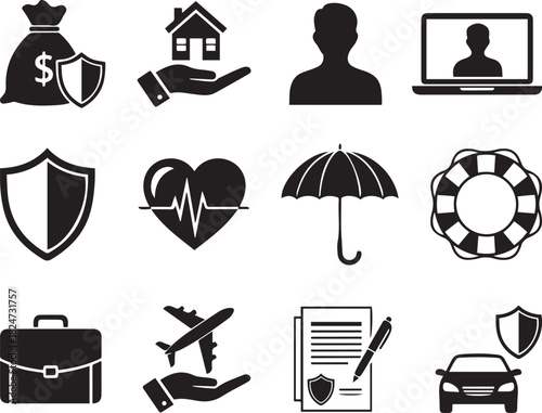 Insurance icons representing financial security health travel and property protection