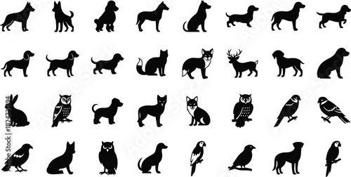 Stunning animal silhouette collection featuring dogs, cats, birds, owls, deer, and rabbits for logo and design projects