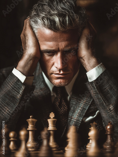 Stressed Businessman Concentrating Over a Chessboard, Deep Thought, Pressure, and Strategic Decision-Making Concept in a Dramatic Vintage-Style Portrait
