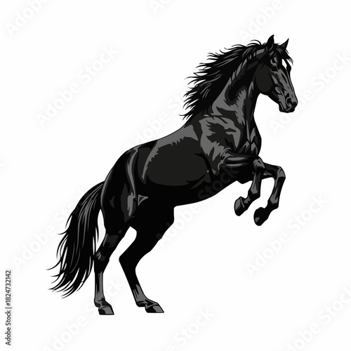 Majestic Black Stallion Rearing Up, A Powerful Equine Illustration.