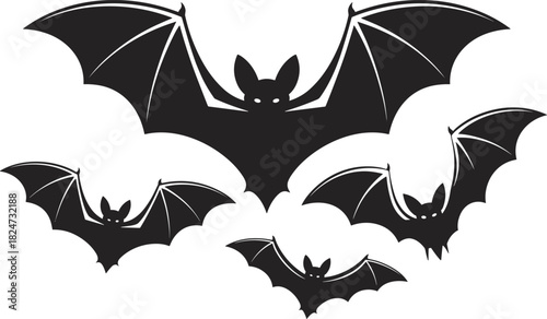 Black silhouette bats flying isolated on white background, Halloween bat illustration, spooky night creatures design,
