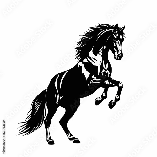 Majestic black horse rearing up with powerful stance and flowing mane.