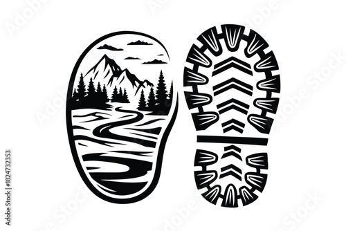 Black path with trees and mountains inside shoe print with track sole