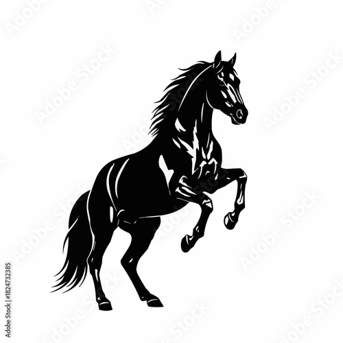 Majestic black horse rearing up with powerful stance and flowing mane.