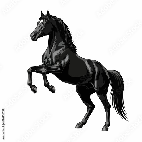 Majestic black stallion rearing up with powerful muscles and grace.