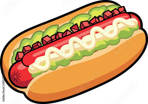 Delicious Hot Dog with Toppings Illustration.