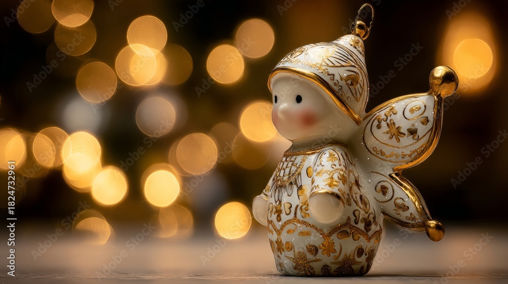 Obraz premium A delicate Christmas angel ornament with intricate golden patterns stands against a soft glowing bokeh background, exuding festive elegance.
