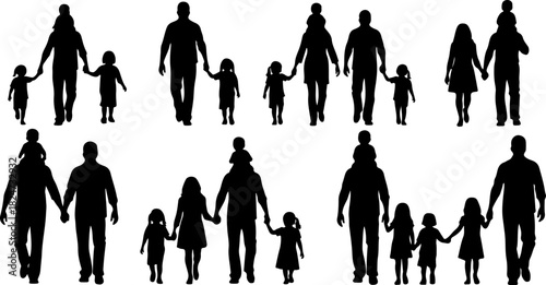 Family, parents, children, silhouettes, walking, togetherness, parenthood, childhood, bonding, unity, teamwork, people, group, companionship, caring, support, community, crowd, adults and kids, love, 