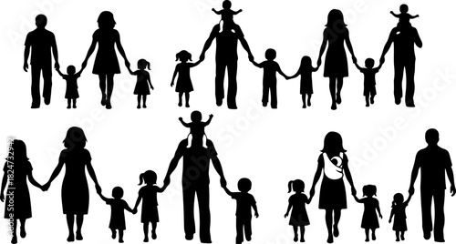 Family, parents, children, silhouettes, walking, togetherness, parenthood, childhood, bonding, unity, teamwork, people, group, companionship, caring, support, community, crowd, adults and kids, love, 