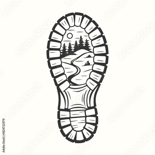 A shoe print reveals a scenic path through a forest with tall trees