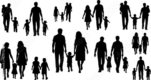 Family, parents, children, silhouettes, walking, togetherness, parenthood, childhood, bonding, unity, teamwork, people, group, companionship, caring, support, community, crowd, adults and kids, love, 