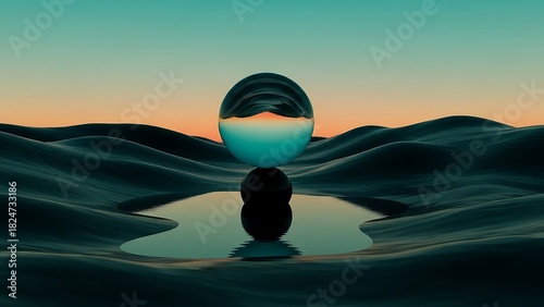 A captivating scene of a reflective sphere resting on a dark, undulating landscape, mirroring the vibrant hues of a sunset sky, creating a serene and abstract visual
