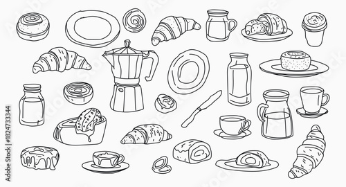 Breakfast food and drink sketch illustration isolated on transparent background