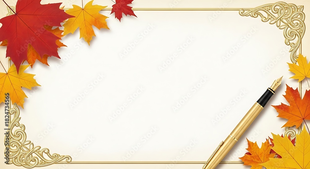 Obraz premium Elegant autumn frame with vibrant red and orange maple leaves and a golden fountain pen, ideal for seasonal messages, invitations, or greetings