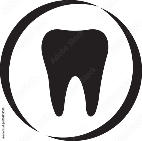 Dental Tooth Icon or Logo Design in Black Silhouette with Circle Frame