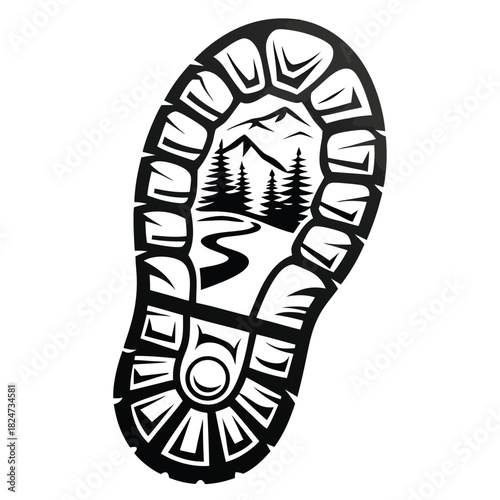 Detailed boot print showcases a peaceful forest landscape with winding river inside its shape