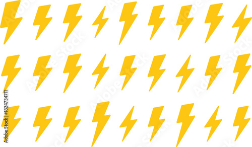 Collection of yellow lightning bolt icons in various styles, bold electric thunder shapes, modern flat energy design symbols illustration