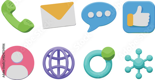 Colorful 3D social media and communication icon set including phone, email, chat, like, user, globe, network, connection symbols