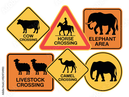 Various animal crossing and area warning signs are displayed on a white background.