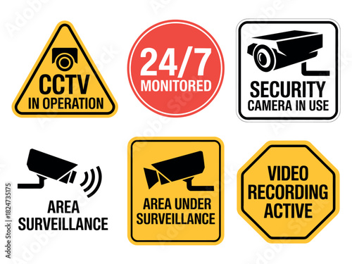Various security camera and surveillance warning signs are displayed.