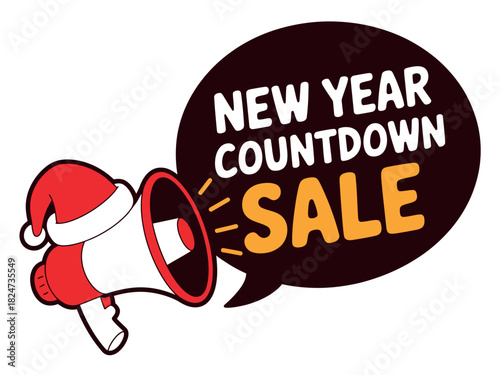 A megaphone with a Santa hat announces a New Year countdown sale.