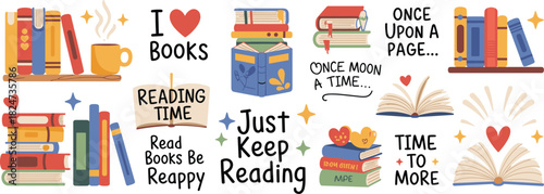 Colorful stack of books illustration with motivational reading quotes, flat cartoon style library elements, cozy reading time concept background design