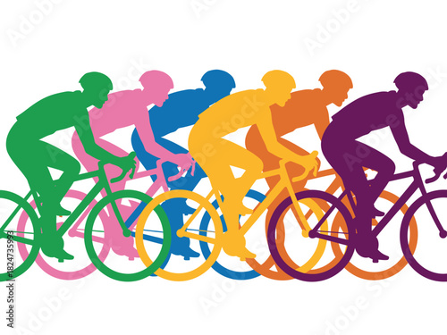 A line of cyclists in colorful silhouettes races forward on their bicycles.