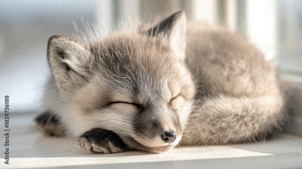 Naklejka premium A gray fox cub rests comfortably with its eyes closed, snuggled on a windowsill. Sunlight filters through, creating a warm and cozy atmosphere perfect for napping.