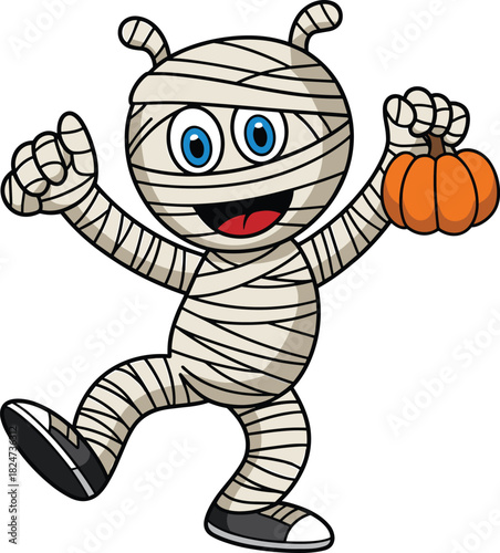 Cute cartoon mummy character holding small pumpkin, funny Halloween mascot illustration, happy monster design, spooky costume art, festive background