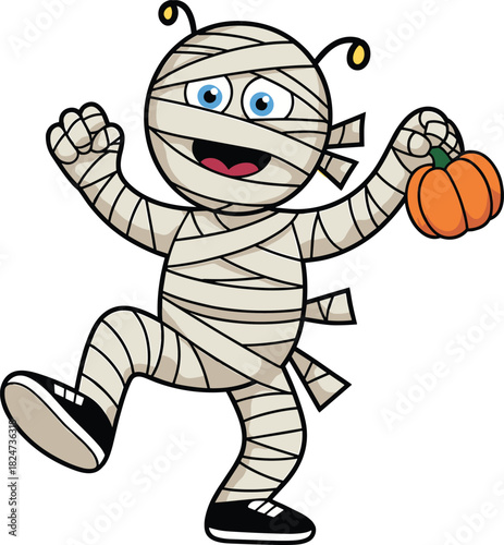 Cute cartoon mummy character holding small pumpkin, funny Halloween mascot illustration, happy monster design, spooky costume art, festive background