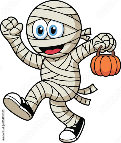 Cute cartoon mummy character holding small pumpkin, funny Halloween mascot illustration, happy monster design, spooky costume art, festive background
