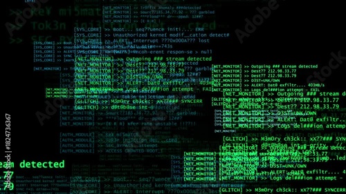 Chaotic green code, system logs, and error messages fill the screen, creating a visual of data breaches, system failures, glitches, and cyber intrusion in a high-pressure digital environment.
