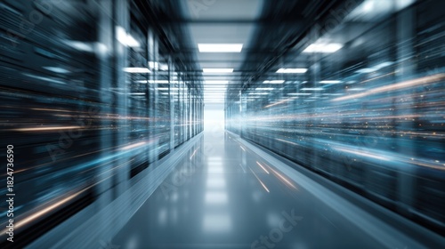 A futuristic corridor of a data center showcases rows of servers, illuminated by bright lights that create a sense of motion and activity throughout the space.