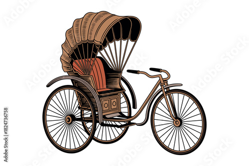 An antique rickshaw vehicle sits on a white background.