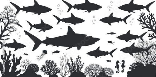 Shark silhouettes with coral reef and marine life