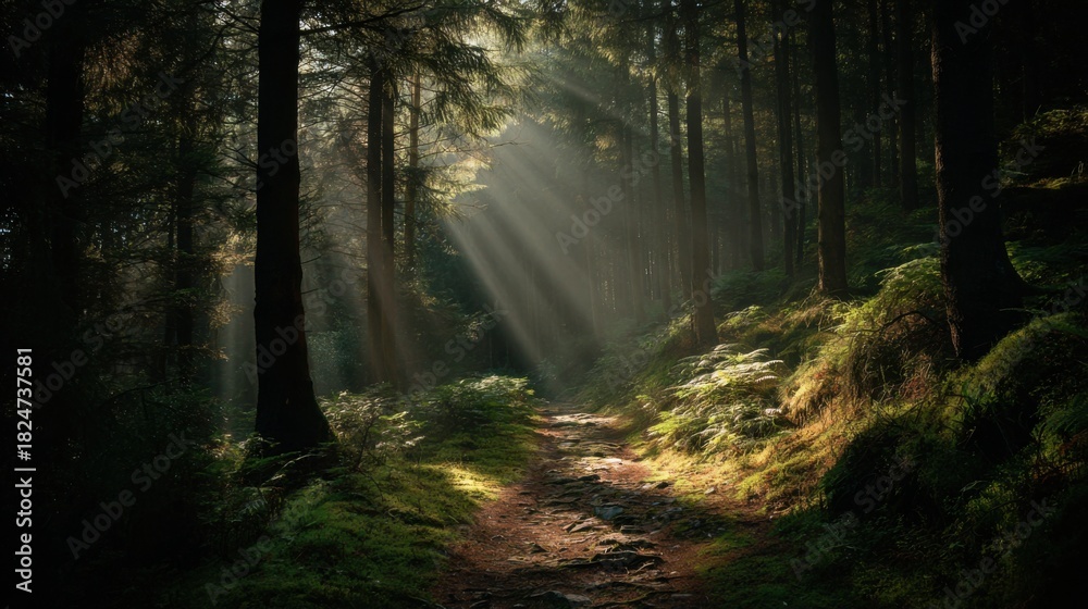 Fototapeta premium Morning rays of sunlight brighten a tranquil forest path, casting shadows on the lush greenery and creating a peaceful atmosphere for walkers and nature lovers.