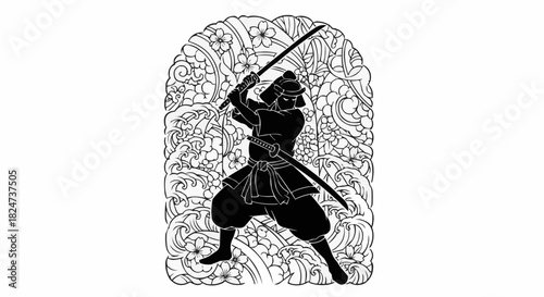 Silhouette of a Japanese samurai warrior in full armor holding a katana sword.