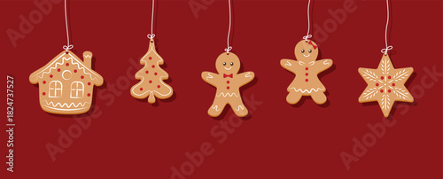 Merry Christmas banner, cards or background, design template. Homemade gingerbread man cookie theme concept, holiday fair and sale. Vector illustration.