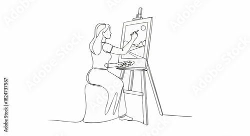 Continuous line drawing of a woman painting on an easel, capturing the essence of artistic creation.