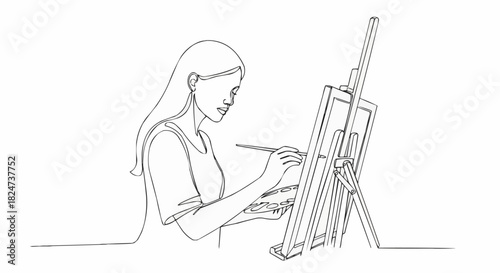 Continuous line drawing of a woman painting on an easel, showcasing artistic concentration and creative process.