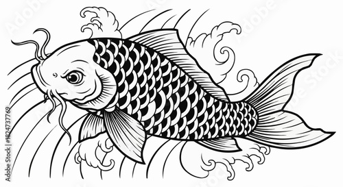 Detailed Black and White Koi Fish Illustration with Flowing Waves.