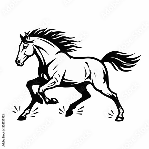 Dynamic Black and White Horse Illustration in Full Gallop.
