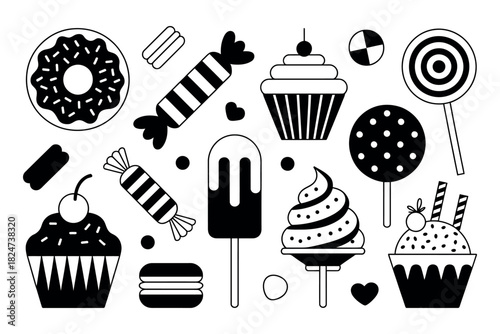 A collection of various sweets and candies are depicted in a black and white illustration.